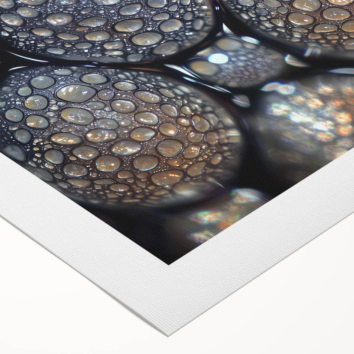 Art deco poster featuring a close-up of nature elements in muted green and brown tones on rolled canvas.