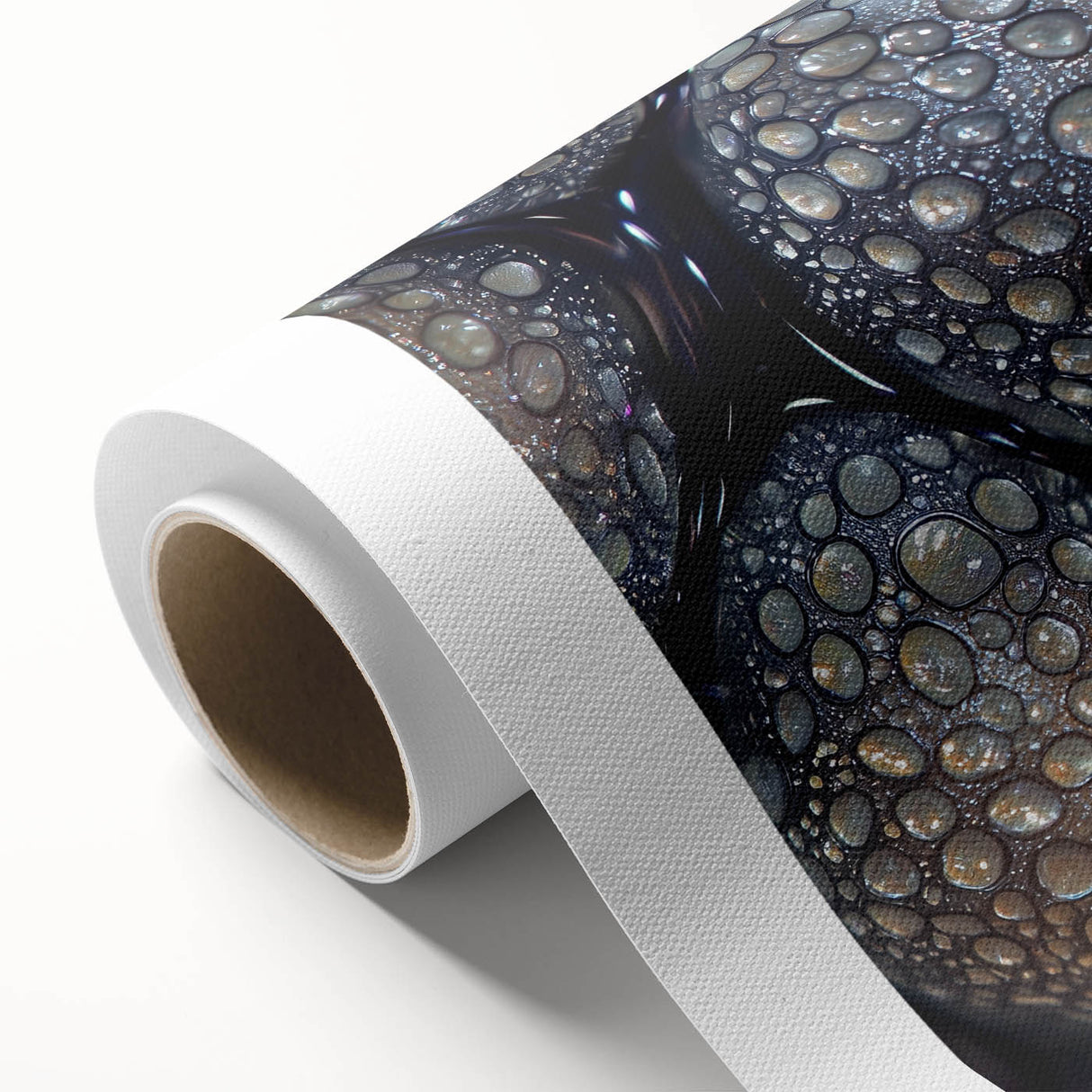 Art deco poster featuring close-ups of nature elements in soft green and beige tones on rolled canvas.
