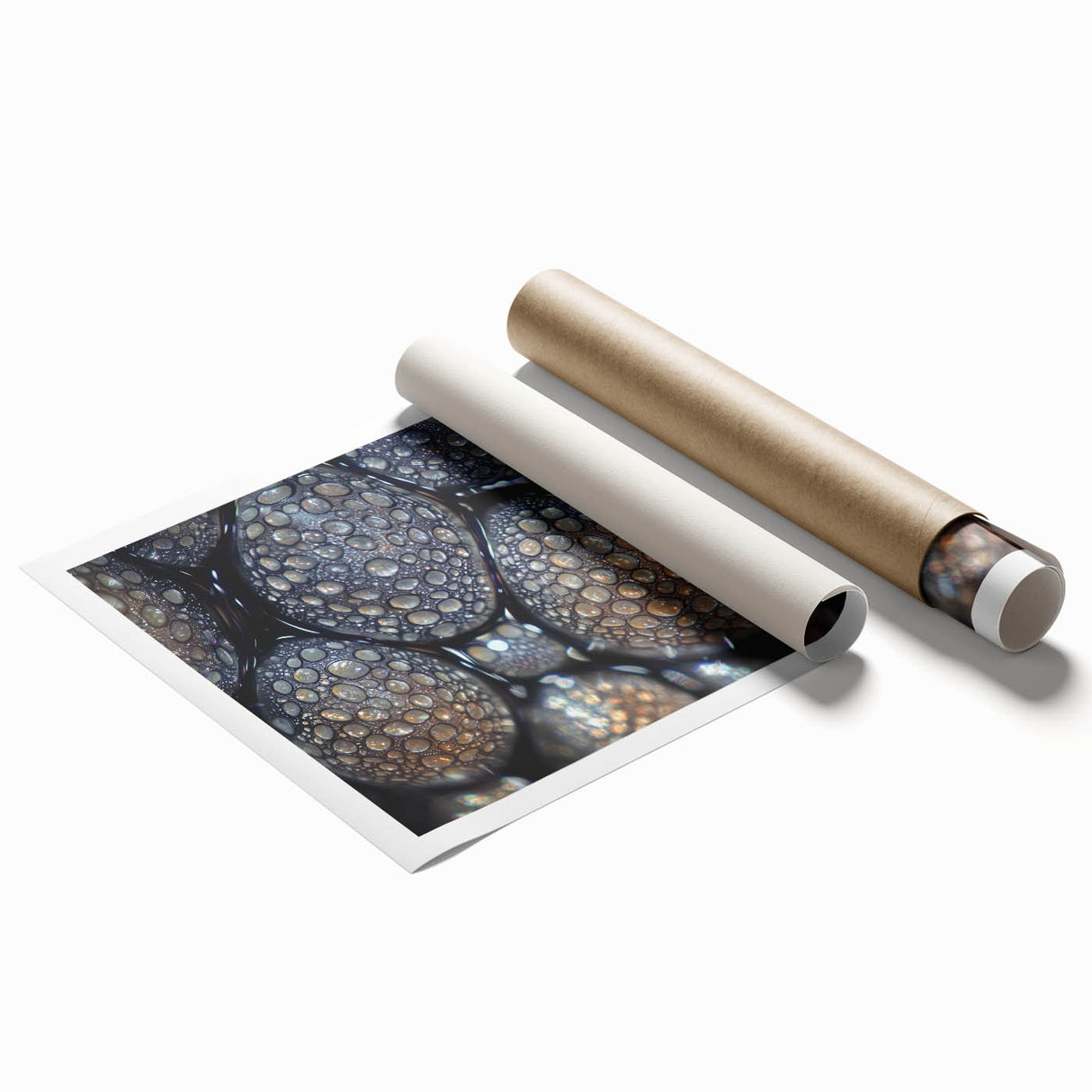 Extra large rolled print featuring close-up of dewy flowers with soft pink and green tones.