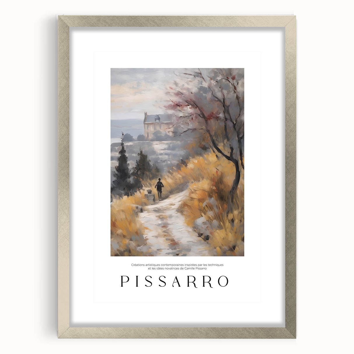 Textured abstract art print in muted gray and blue tones, framed in silver, ideal for bedroom ambiance.