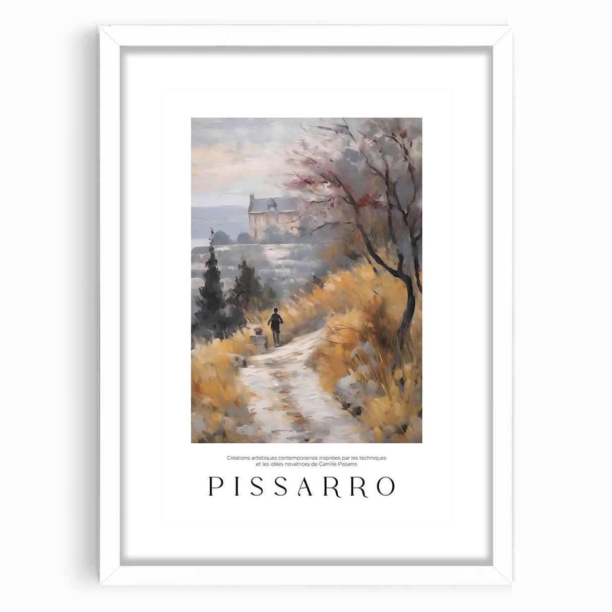 Abstract art print featuring swirling blue and gray tones on a white framed canvas.