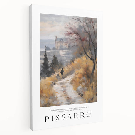 Side view of a large canvas depicting an impressionist Camille Pissarro painting, with lush green and soft blue tones.