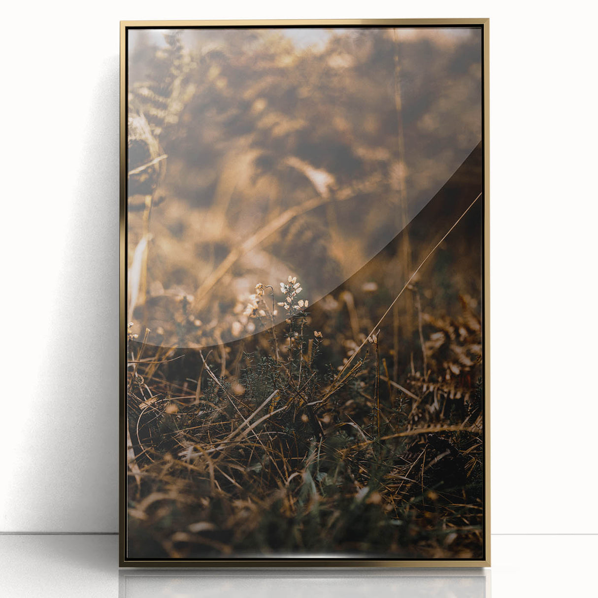 Large art print of a mid-century modernist autumn scene in warm gold tones on acrylic, ideal for modern nursery wall decor.