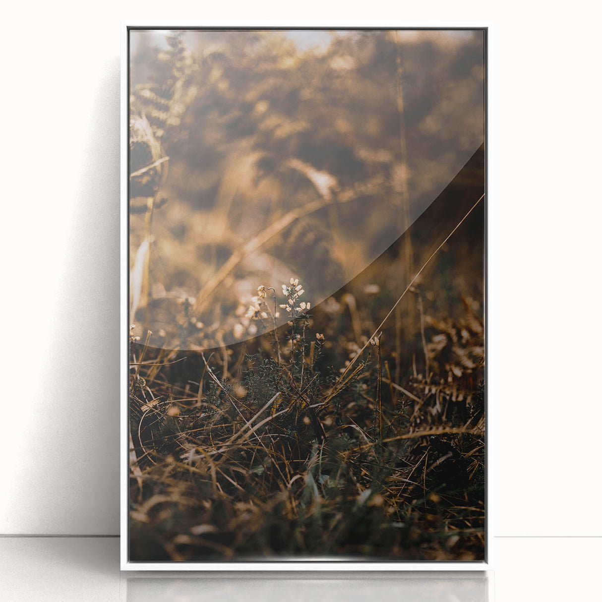 Art deco poster of an autumnal scene in muted orange and brown tones, framed acrylic, ideal for nursery wall art.