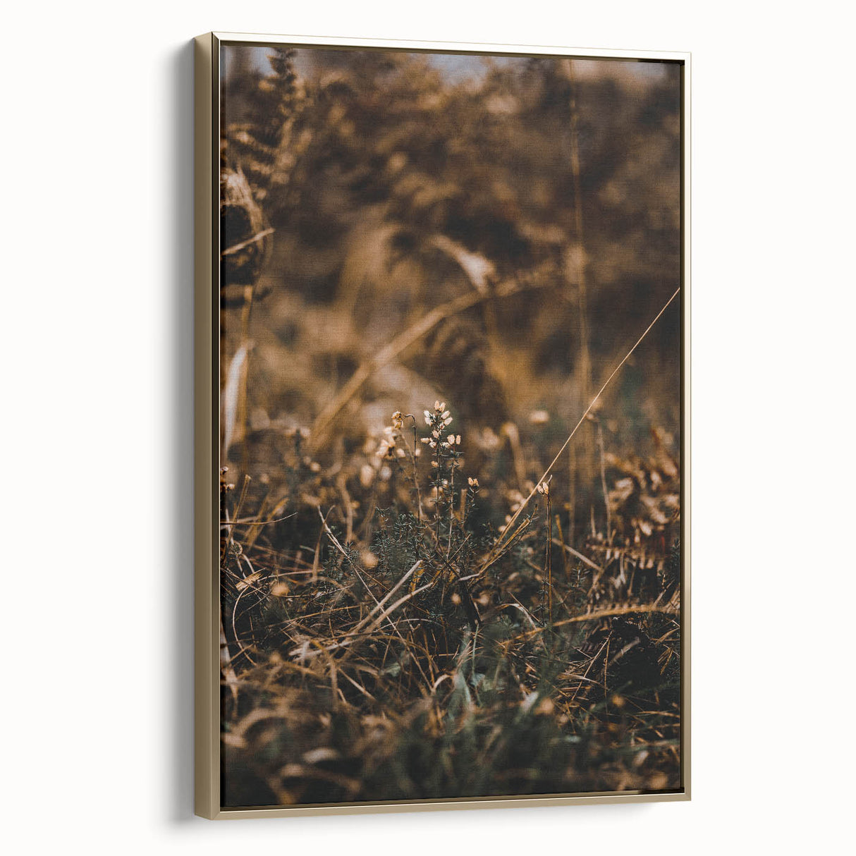 Framed canvas featuring a vintage landscape painting of autumn trees in gold and black tones, ideal for bedroom decor.