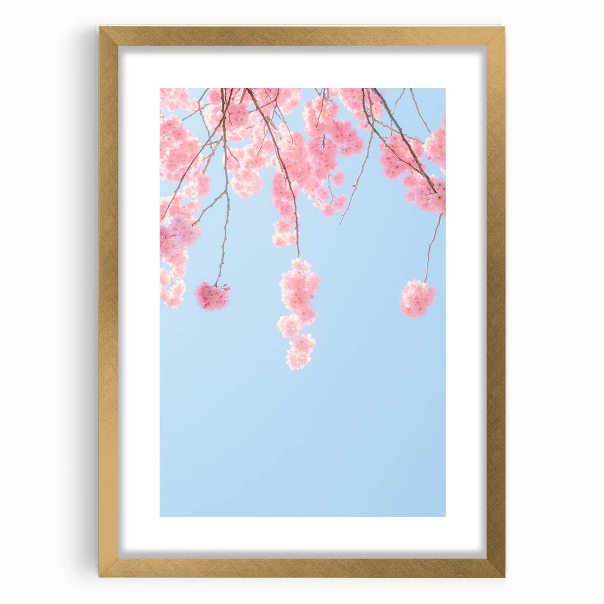 Extra large abstract art print featuring a textured spring scene in pastel shades, framed in gold.