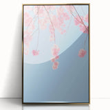 Large art print of a mid-century modernist spring scene in pastel shades, framed in gold acrylic.