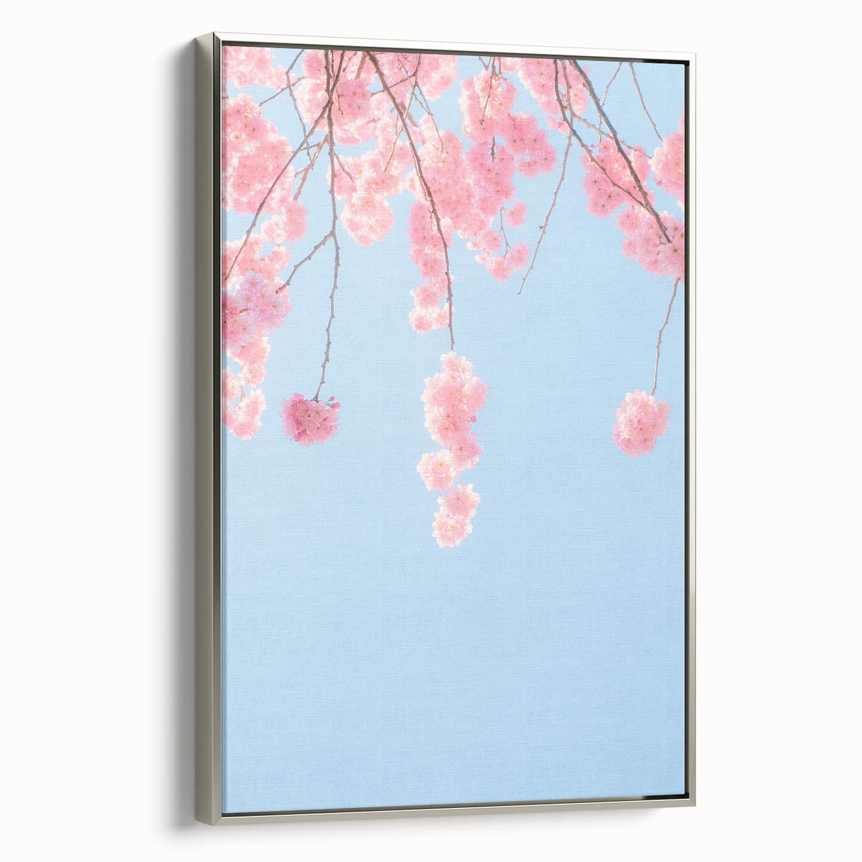 Framed canvas landscape art painting depicting spring with colorful flora and silver frame, ideal for living room decor.