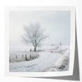 Winter scene with snow-covered trees in pastel blue and white tones on a large glossy photo print.