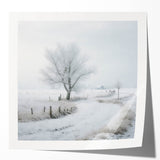 Winter scene with snow-covered trees in pastel blue and white tones on a large glossy photo print.