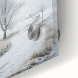 Winter-themed large abstract wall art on acrylic glass, featuring cool blue and white tones.