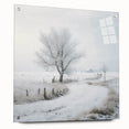 Winter scene on large acrylic glass, featuring muted blue and white tones, ideal for bedroom or dining room wall decor.