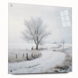 Winter scene on large acrylic glass, featuring muted blue and white tones, ideal for bedroom or dining room wall decor.