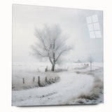 Large abstract winter scene in muted blue and gray on acrylic glass.
