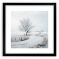 Extra large abstract art print featuring a textured winter scene in colorful hues, framed in black.