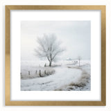 Abstract winter scene in textured style, with muted blue and white colors on a large gold-framed canvas.
