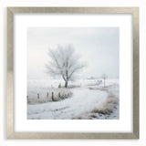 Textured art depicting a winter scene in muted blue and white tones on a framed silver mat, ideal for bedroom decor.
