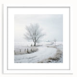 Abstract art print depicting a winter scene in muted blue and white tones on a framed canvas.