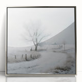 Mid-century modernist art depicting a winter scene in acrylic, framed in silver, suitable for nursery wall decor.