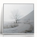 Winter scene modern art wall decor on white acrylic, framed, featuring muted blue and gray tones, ideal for nursery wall art.