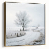 Winter landscape painting on framed canvas, featuring silver and gold tones, ideal for bedroom wall decor.