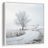 Vintage poster art of a winter scene on framed canvas, featuring a monochrome palette with colorful accents.