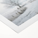 Art deco poster featuring a winter scene with cool blue and white tones, on rolled canvas, suitable for dining room walls.