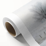 Winter scene with snow-covered trees on rolled canvas, in art deco style, suitable for nursery wall art.