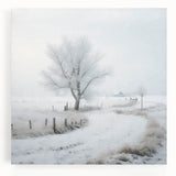 Winter scene in black and white tones on a large stretched canvas, ideal for kitchen wall art.