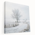 Winter landscape with snow-covered trees on large stretched canvas, using cool blue and white tones.