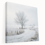 Winter landscape with snow-covered trees on large stretched canvas, using cool blue and white tones.