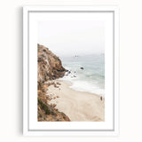 Abstract art print featuring swirling blue and white patterns on a framed canvas.