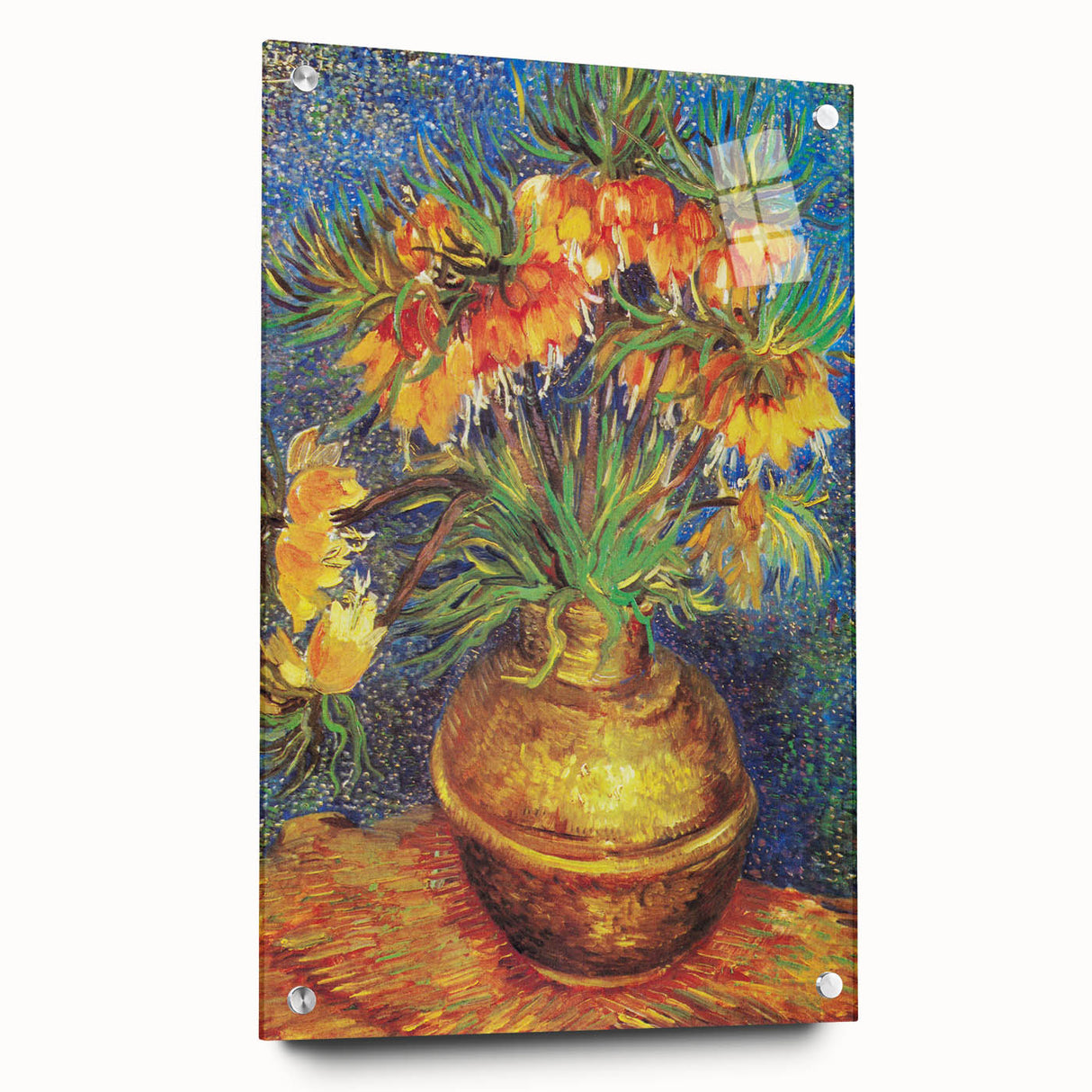 Large abstract wall art on acrylic glass depicting vibrant swirls in blue and yellow, ideal for modern dining room decor.