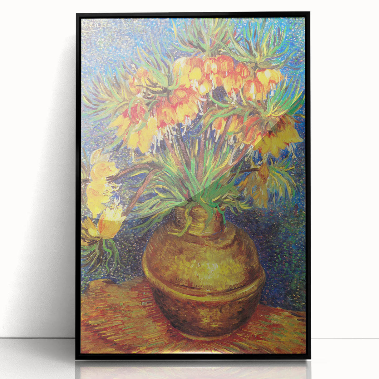 Large abstract wall art print featuring swirling blue and yellow shapes on acrylic, framed in black.