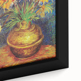 Close-up of a textured, extra-large framed canvas featuring a colorful.