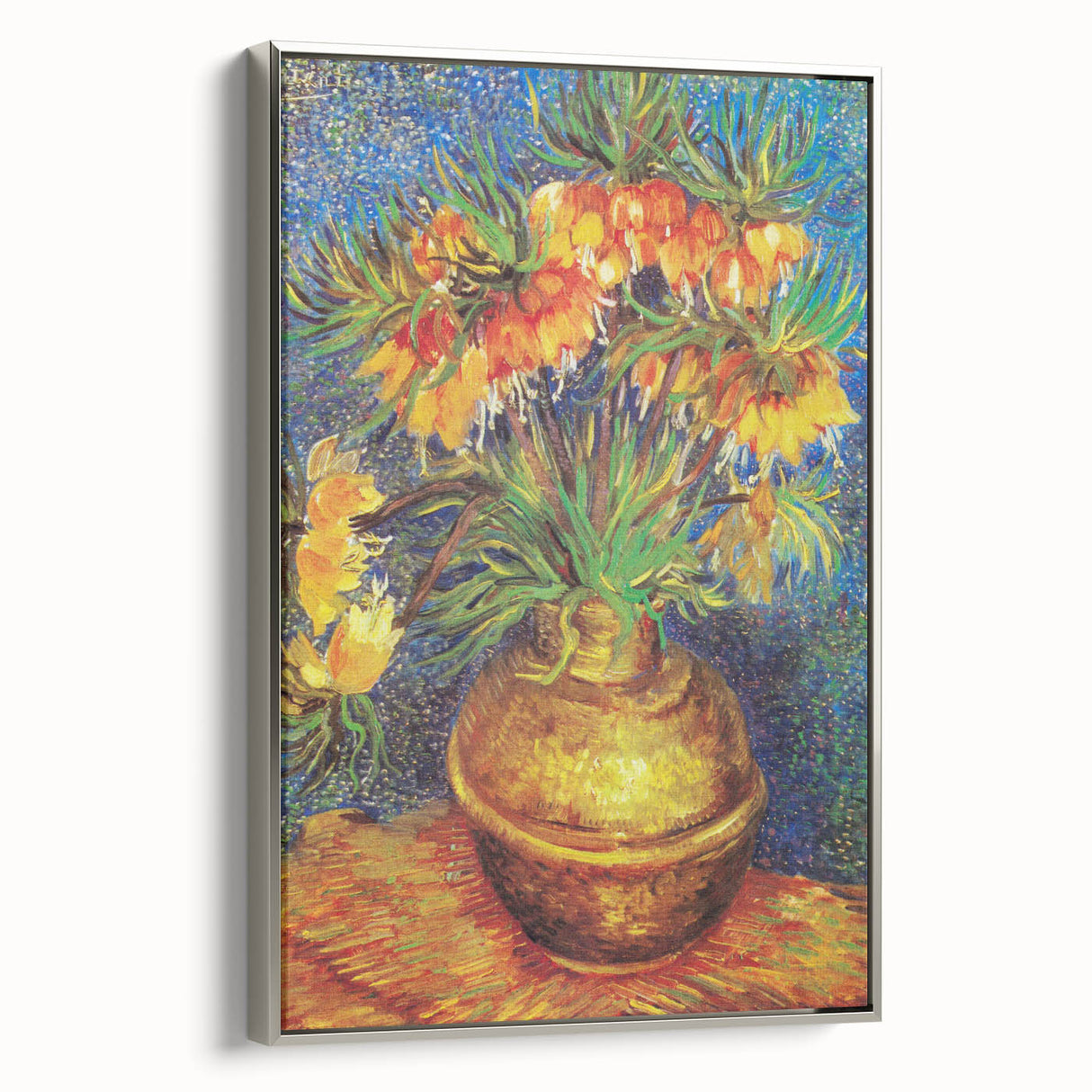 Landscape art painting of a vivid field under a swirling sky on a framed canvas.