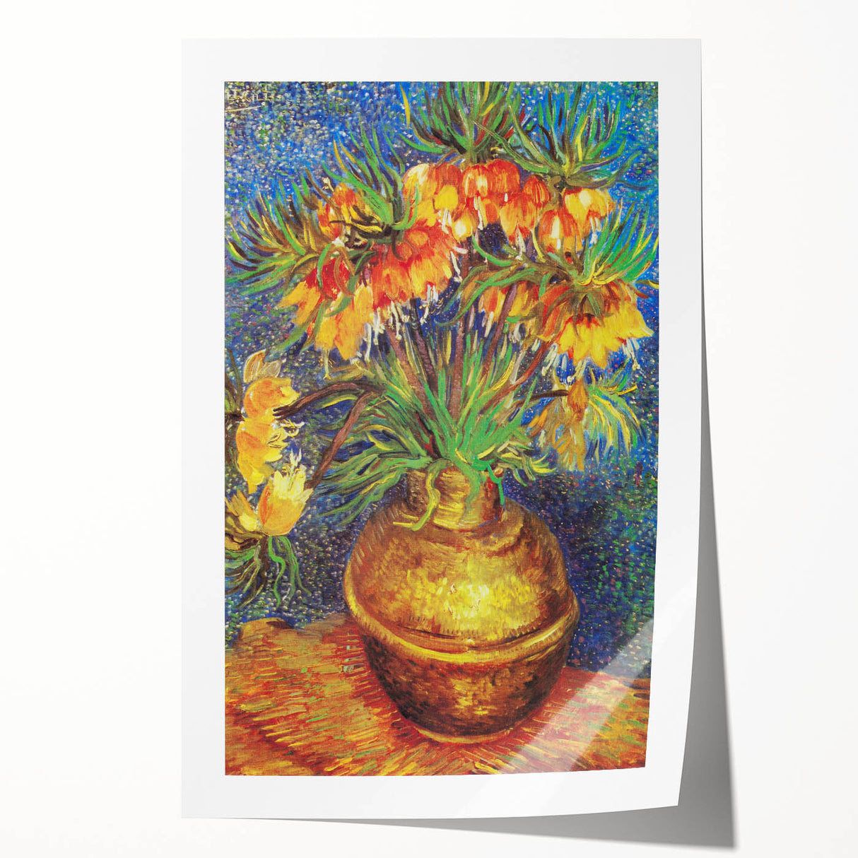 Vincent van Gogh-inspired floral painting on rolled canvas, featuring vibrant blue and yellow tones.
