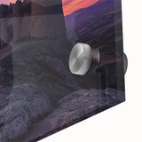 Close-up of an acrylic glass artwork depicting a vibrant landscape with a majestic castle, showcasing intricate details and vivid colors, perfect for home decor.