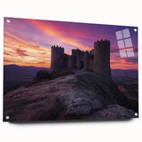 Acrylic glass display showing a side view of a stunning landscape with castles, featuring vibrant colors and intricate details, pinned securely for an elegant presentation.