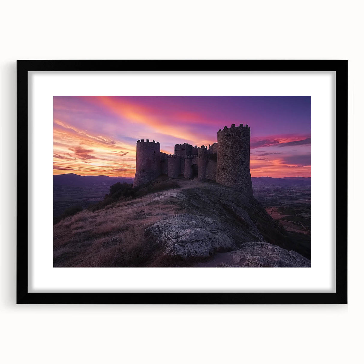 Framed landscape artwork showcasing a majestic castle scene, presented with a black mat and frame, perfect for enhancing home decor and artistic ambiance.