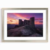 Elegant silver-framed landscape featuring a majestic castle surrounded by lush greenery, enhanced with a white mat for a refined look. Perfect for home decor.
