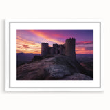 Elegant white-framed landscape artwork showcasing a majestic castle surrounded by lush greenery and a serene blue sky, perfect for home decor.