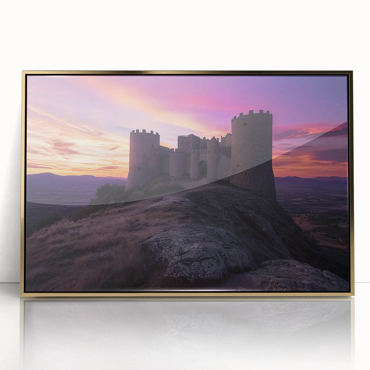 Framed acrylic artwork depicting a picturesque landscape with a majestic castle, set in a gold frame, ideal for home decor and interior design enthusiasts.