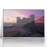 Framed acrylic artwork of a majestic landscape featuring an ornate castle, set against a vibrant sky; the white frame enhances the visual appeal, perfect for home decor.