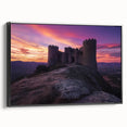 Framed black canvas showcasing a stunning landscape with a castle, emphasizing intricate details and vibrant colors, perfect for home decor and art enthusiasts.