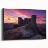 Framed black canvas showcasing a stunning landscape with a castle, emphasizing intricate details and vibrant colors, perfect for home decor and art enthusiasts.