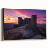 Framed canvas artwork showcasing a picturesque landscape featuring a majestic castle, elegantly bordered in gold, with a side view emphasizing its intricate details and vibrant colors. Ideal for home decor enthusiasts seeking a touch of classic elegance.