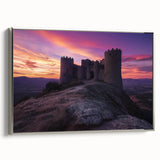 Framed canvas featuring a stunning landscape of a majestic castle, with intricate details and a silver frame, showcasing elegance and artistry in home decor.