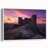 Framed canvas artwork displaying a picturesque landscape with a majestic castle, featuring vibrant colors and intricate details, set against a white border for an elegant presentation. Ideal for home decor enthusiasts seeking to enhance their living spaces with classic art.