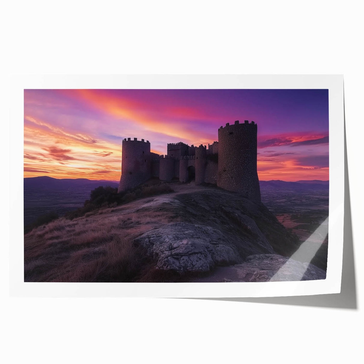 Rolled print of a picturesque landscape featuring a majestic castle surrounded by lush greenery, showcasing vibrant colors and intricate details, ideal for home decor.
